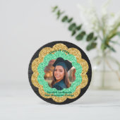 シック・グリーン金ゴールドフローラ写真卒業パーティー 招待状 (スタンド正面)