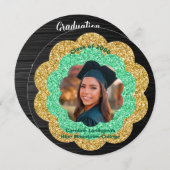 シック・グリーン金ゴールドフローラ写真卒業パーティー 招待状 (正面/裏面)