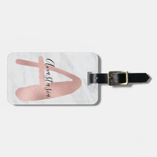 シック&グレーマーブルバラ金ゴールドAモノグラム名 ラゲッジタグ (正面横)