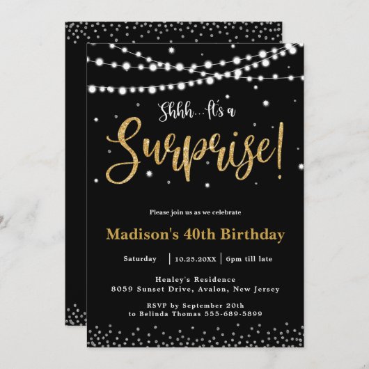シック・サプライズ・バースデー・パーティー・アニー・ブラック・金ゴールド 招待状 (正面/裏面)