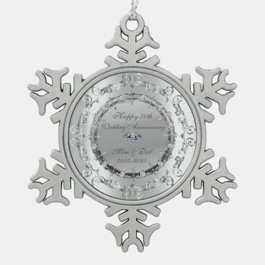 シック・シルバーフローラス結婚ワーズ記念日 スノーフレークピューターオーナメント (正面)