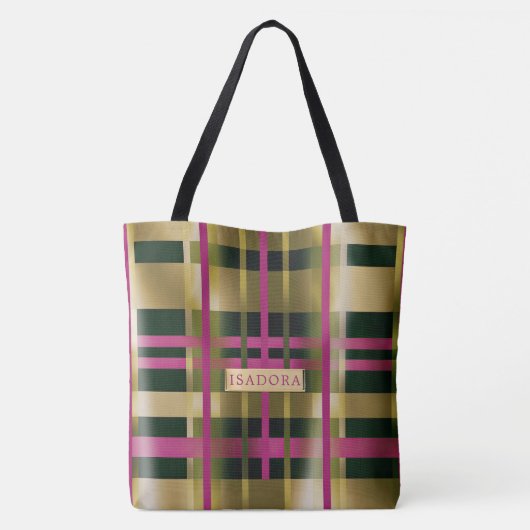 シック&スタイリッシュ明るい赤紫色グリーンプレイドパーソナライズされた トートバッグ (裏面)