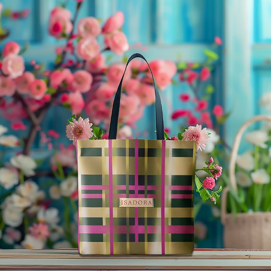 シック&スタイリッシュ明るい赤紫色グリーンプレイドパーソナライズされた トートバッグ