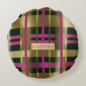 シック&スタイリッシュ明るい赤紫色グリーンプレイドパーソナライズされた ラウンドクッション (裏面)