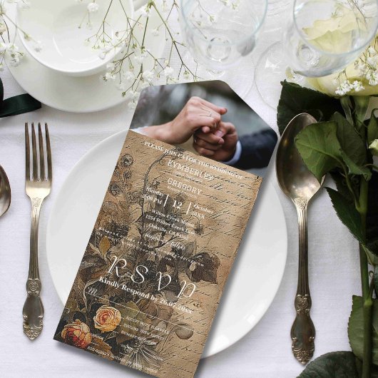 シック・ダークヴィンテージフローラピーチバラサイト写真 オールインワン招待状