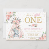 シック·トリバル·フローラ·エレファント·ワイルド·ワン1歳の誕生日 招待状 (正面)