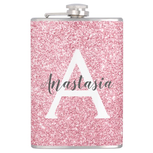 シック&トレンディーバラ金ゴールドグリッタースパークルスモノグラム フラスク (正面)