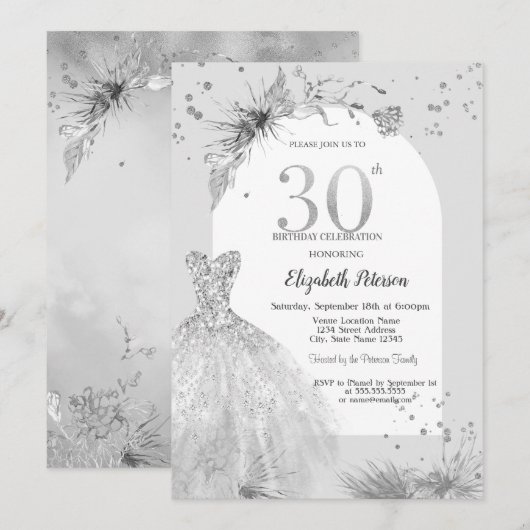 シック・ドレスウィンターグレー30歳の誕生日 招待状 (正面/裏面)
