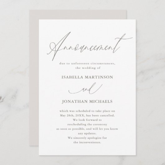 シック・ニュートラル結婚書道の中止 招待状 (正面/裏面)