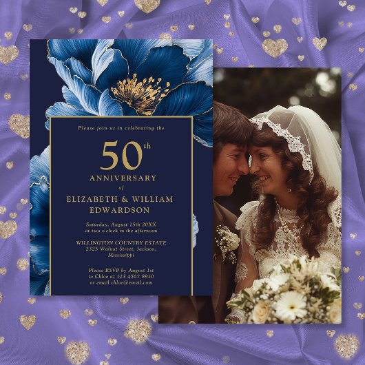 シック・ネイビー・ブルー金ゴールドフローラ50周年記念写真 招待状
