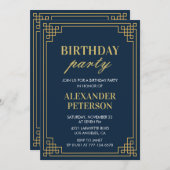 シック・ネイビー・ブルー金ゴールド56thバースデーパーティー 招待状 (正面/裏面)