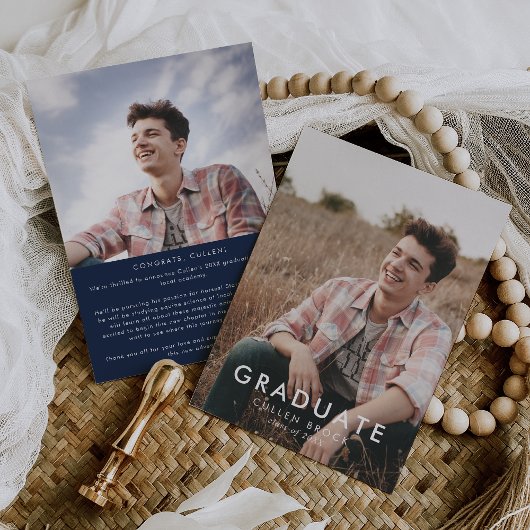 シック・ネイビー・ブルー・メッセージと写真卒業 案内状