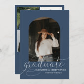 シック・ネービー・ブルー・アーチ5フォトコラージュ卒業 案内状 (正面/裏面)