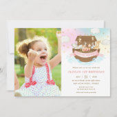 シック・ノアの箱舟かわいい動物の女の子の誕生日写真 招待状 (正面)