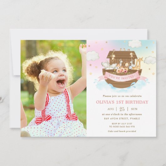 シック・ノアの箱舟かわいい動物の女の子の誕生日写真 招待状 (正面)