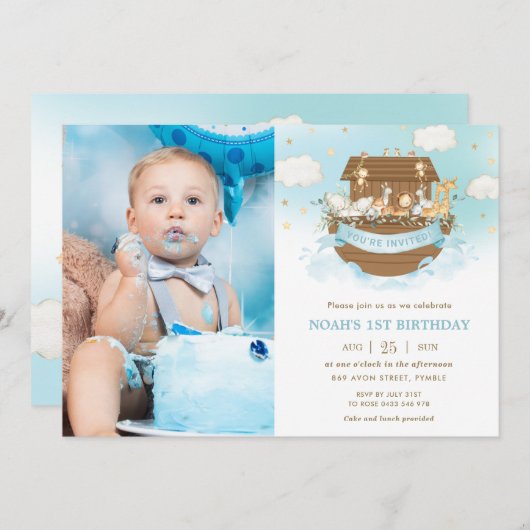 シック・ノアの箱舟かわいい動物の少年の誕生日写真 招待状 (正面/裏面)