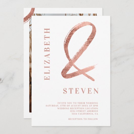 シック·バラ·金ゴールド·アンパサンドが写真結婚の名前を付ける 招待状 (正面/裏面)