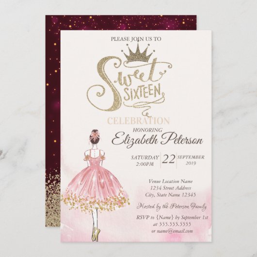 シック・バレリーナ、ティアラ、ダイアモンズスウィート16 招待状 (正面/裏面)