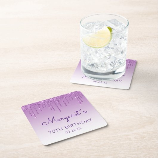 シック・パープルグリッタードリップ70thバースデーパーティー スクエアペーパーコースター (インサイチュ)