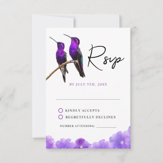 シック・パープルハミングバードと花びら結婚ズ 出欠カード (正面)