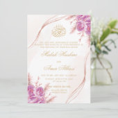 シック・パープルフローラ金ゴールドイスラム結婚教徒 招待状 (スタンド正面)