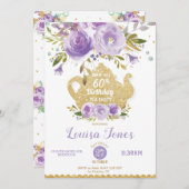 シック・パープルフローラ60th誕生日ティーパーティー任意の年齢 招待状 (正面/裏面)