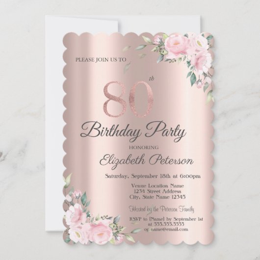シック・ピンクフローラバラ金ゴールド80th誕生日パーティー 招待状 (正面)
