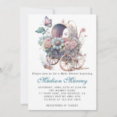 シック&ピンクフローラ乳母車ベビーカー赤ちゃんシャワー 招待状 (正面)