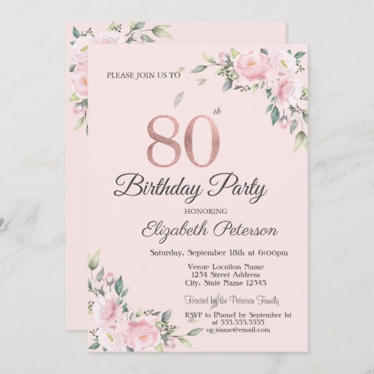 シック・ピンクフローラ80th誕生日パーティー 招待状 (正面/裏面)