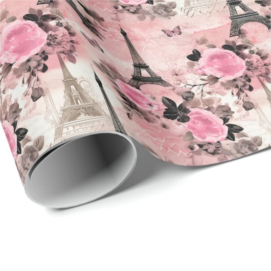 シック・ピンクブラック&ホワイトエッフェルタワーパリフランスの ラッピングペーパー (ロールコーナー)