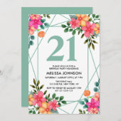 シック・ピンク・オレンジ春フラワー21歳の誕生日 招待状 (正面/裏面)