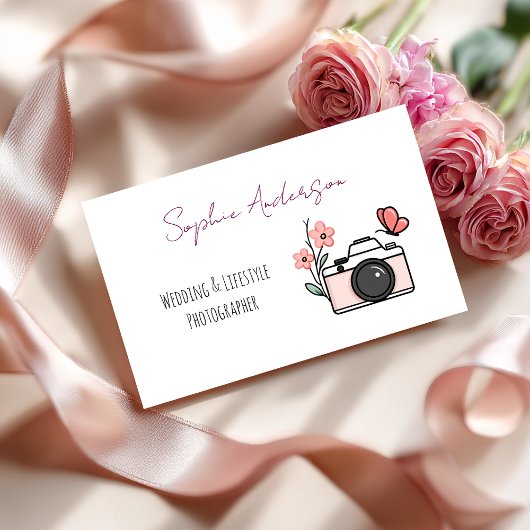 シック・ピンク・カメラ&バタフライ結婚の写真家 名刺
