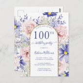 シック・ピンク・パープル100th誕生日パーティーへの招待 ポストカード (正面/裏面)