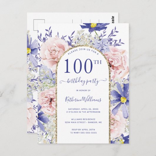 シック・ピンク・パープル100th誕生日パーティーへの招待 ポストカード (正面/裏面)