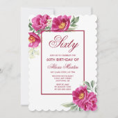 シック・ピンク・牡丹フローラグリーン60誕生日 招待状 (正面)