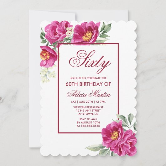 シック・ピンク・牡丹フローラグリーン60誕生日 招待状 (正面)