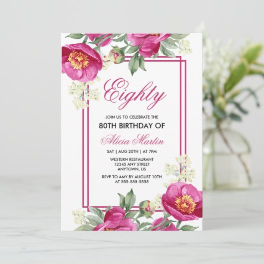 シック・ピンク・牡丹フローラグリーン80誕生日 招待状 (スタンド正面)