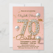 シック・ピーチピンク&金ゴールド70誕生祝い 招待状 (正面)