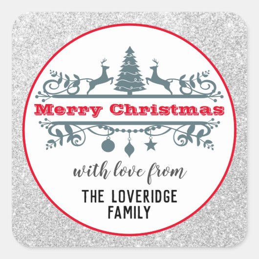 シック&フェスティバルレッドメリークリスマスシルバーグリッター スクエアシール (正面)