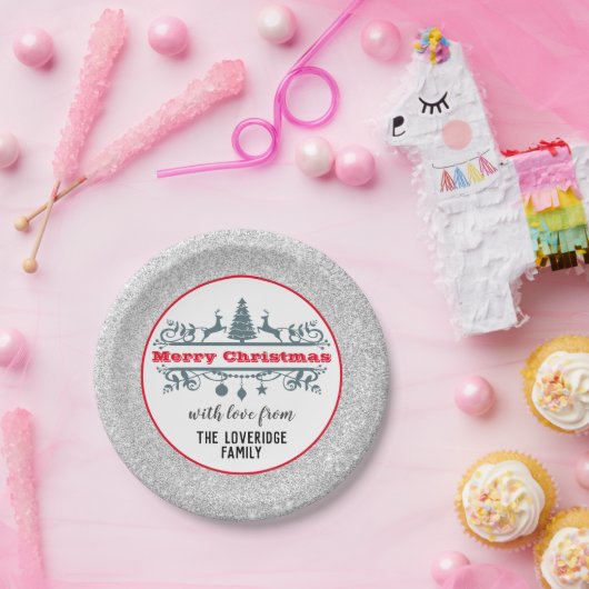 シック&フェスティバルレッドメリークリスマスシルバーグリッター ペーパープレート (パーティー)