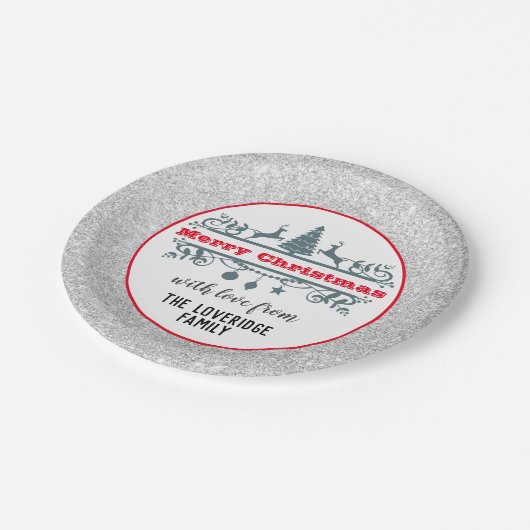 シック&フェスティバルレッドメリークリスマスシルバーグリッター ペーパープレート (アングル)