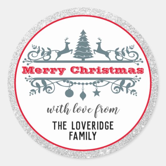 シック&フェスティバルレッドメリークリスマスシルバーグリッター ラウンドシール (正面)