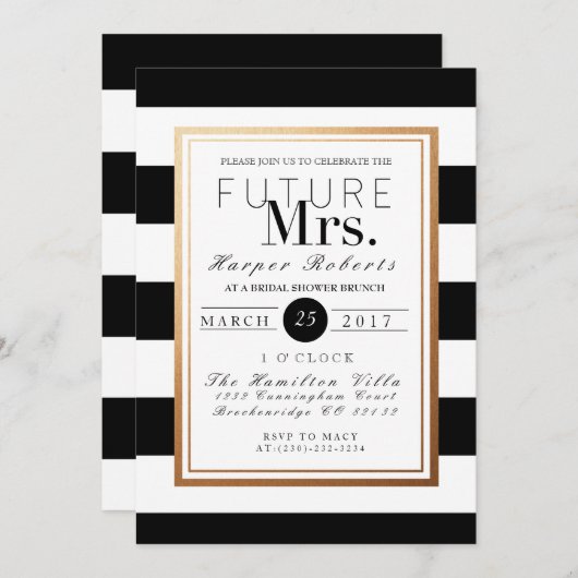 シック&フォーマルブライダルシャワー |金ゴールドと黒 招待状 (正面/裏面)