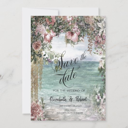 シック フラワーズ オーシャン セーブ・ザ・デート (正面)