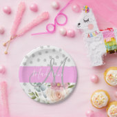 シック&フローラガーリーホワイトピンクグレーモノグラム名 ペーパープレート (パーティー)