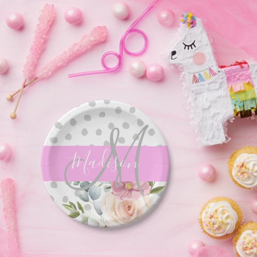 シック&フローラガーリーホワイトピンクグレーモノグラム名 ペーパープレート (パーティー)