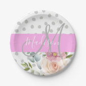シック&フローラガーリーホワイトピンクグレーモノグラム名 ペーパープレート (正面)