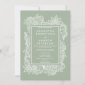 シック·フローラ·セージ·グリモダンーン·ホワイト結婚ズ 招待状 (正面)