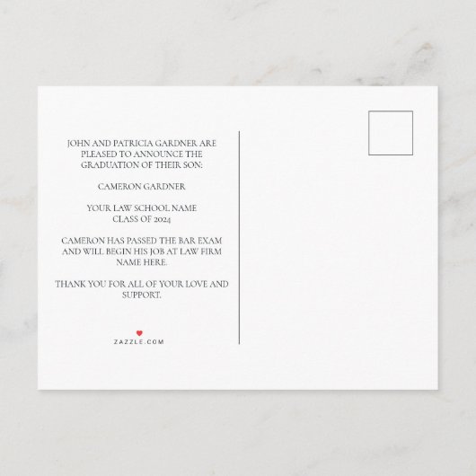 シック・ブラック金ゴールドロースクール写真卒業 案内ポストカード (裏面)