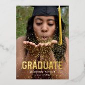 シック・ブラック&ゴールド・フォイル写真卒業パーティー 箔招待状 (正面)